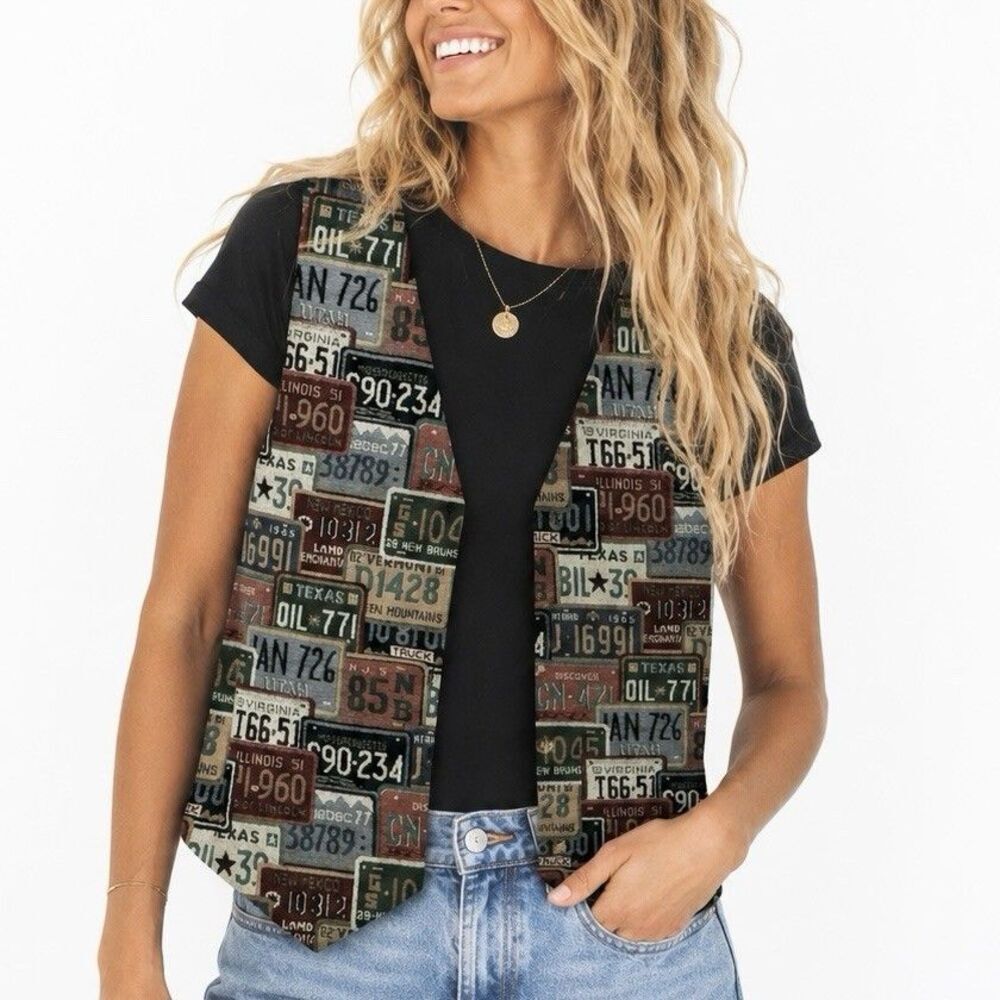Vintage 90s Fitting Image License Plate Tapestry Vest Womens Large Boho USA